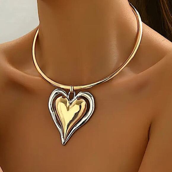 Boho Gold Silver Heart Charm Statement Pendant Necklace - Picture 2 of 6